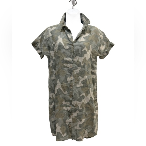 C&C California 100% Linen Green Camouflage Button Down Dress. XS - Picture 1 of 6